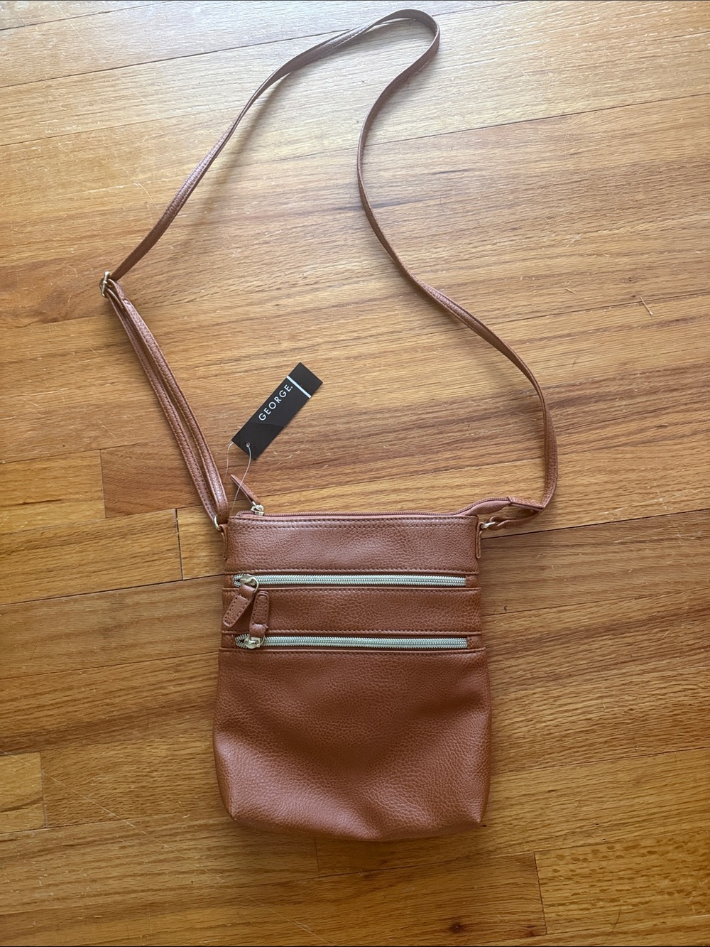 George Tan Leather-Look Crossbody with gold zippers